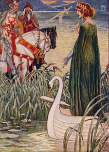 'King Arthur asks the Lady of the Lake for the sword Excalibur', 1911.  Artist: Walter Crane.