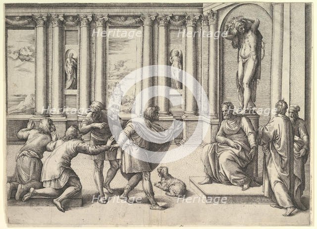 Man Seated Beneath a Statue of Bacchus, Receiving an Audience, ca. 1530-61. Creator: Battista Franco Veneziano.