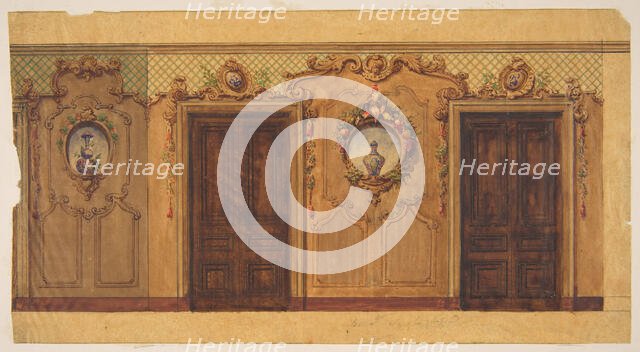 Design for a room with double doors decorated with garlands of fruit and flowers, scrolls..., 1830-9 Creators: Jules-Edmond-Charles Lachaise, Eugène-Pierre Gourdet.
