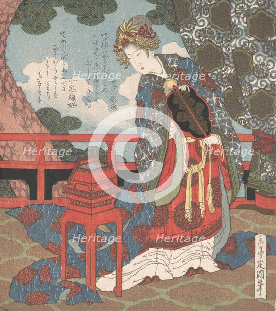 Lady with Fan Standing on Verandah, 19th century. Creator: Gakutei.
