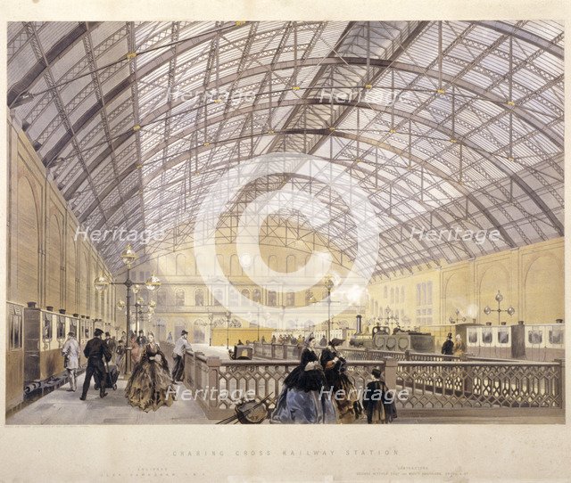 Interior of Charing Cross Station showing trains and the iron roof, London, c1890. Artist: Kell Brothers