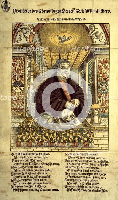 Coloured woodcut portrait of Martin Luther with verses in German, c1546.  Creator: Unknown.