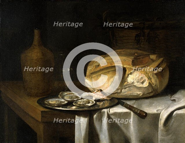 Still Life with a Loaf of Bread, Oysters and a Flask, c17th century. Creator: Unknown.