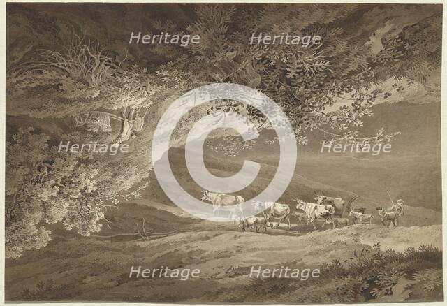 A Landscape with a Herd of Cows and Goats, Surmounted by Another Landscape..., c. 1800. Creator: Adrian Zingg.