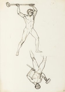 Two standing male figures carrying mallets, for the Albert Hall frieze, by 1871. Creator: Henry Hugh Armstead.