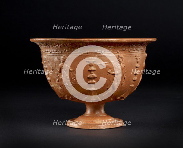 Red-slipped bowl: musicians and dancers entertain while servants bring food to a banquet, 25 BC-1 BC Artist: Unknown.