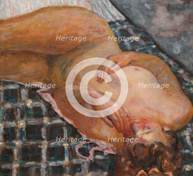 Reclining nude against a white and blue plaid, c. 1909. Artist: Bonnard, Pierre (1867-1947)