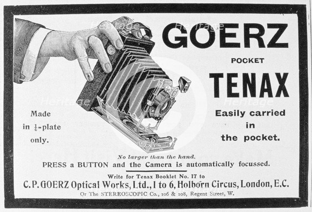 Advert for the Goerz Pocket Tenax camera, 1909. Artist: Unknown