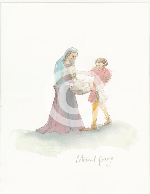 A medieval page helping a lady to wash their hands, 2004. Creator: Judith Dobie.