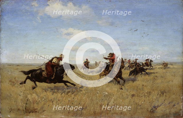 Fight between Dnieper Cossacks and Tatars, 1892. Artist: Vasilkovsky, Sergei Ivanovich (1854-1917)