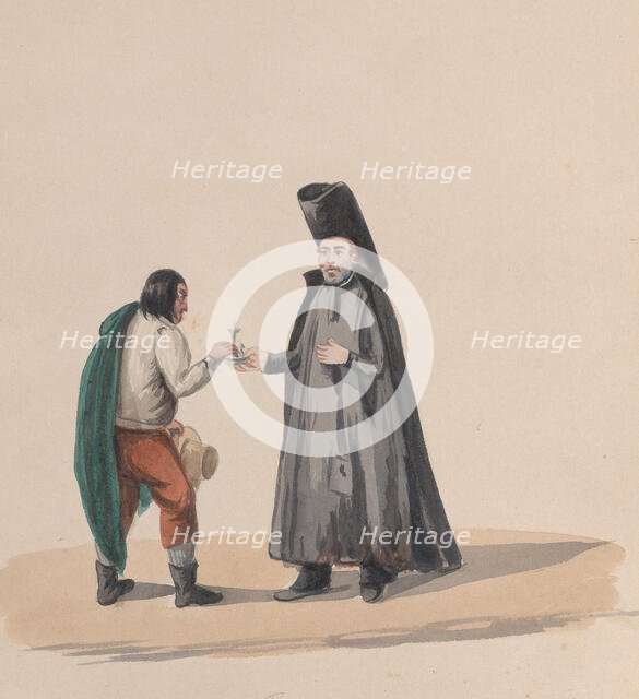 A canon handing a crucifix to a man, from a group of drawings depicting Peruvian costume, 1848. Creator: Attributed to Francisco (Pancho) Fierro.