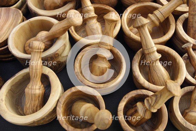 Wooden pestles and mortars for sale in a market, Mallorca, Spain.