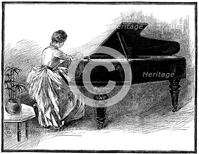 Young lady tuning a grand piano, 1887. Artist: Unknown
