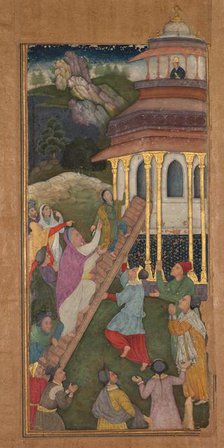Mary ascends the stairs to the temple, from a Mir’at al-quds (Mirror of Holiness)..., 1602-1604. Creator: Unknown.