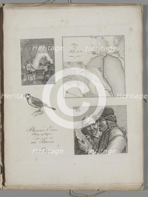 Art of the Lithograph: Four Engraving Samples, War Tent, Map of Toni, Bird, Dutch Farmer..., 1819. Creator: Alois Senefelder (German, 1771-1834).
