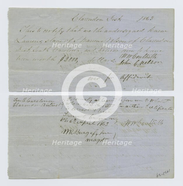 Certification of witnesses that Laurens was worth $2,000, 1863-04-06. Creator: Unknown.