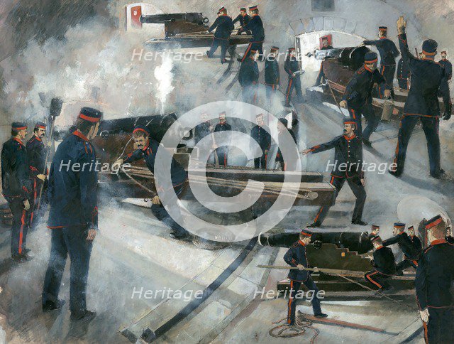 Gun crew, Dartmouth Point Battery casemates, Dartmouth Castle, late 19th century, (1990s).  Artist: Ivan Lapper.