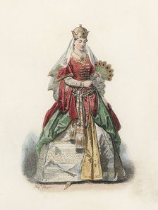 Distinguished Turkish woman in the modern age, color engraving 1870.