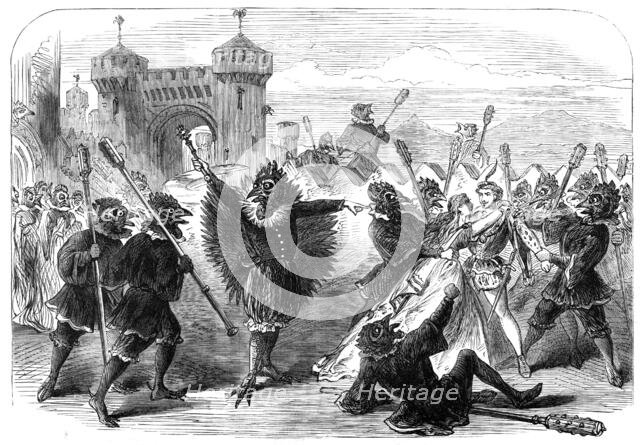 Scenes from the Christmas pantomimes:..."Cock-a-Doodle-Doo" - escape of Finfin and Rosytint..., 1865 Creator: Unknown.