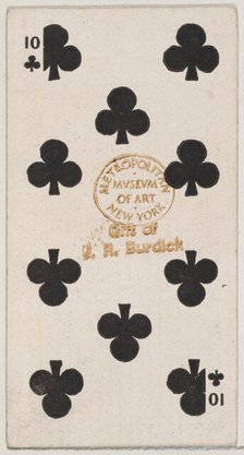 Ten Clubs (black), from the Playing Cards series (N84) for Duke brand cigarettes, 1888., 1888. Creator: Unknown.