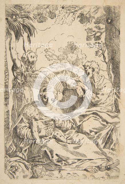 Repose in Egypt, Holy Family seated while an angel pulls at tree branche..., ca. 1637-1639 or after. Creator: Unknown.