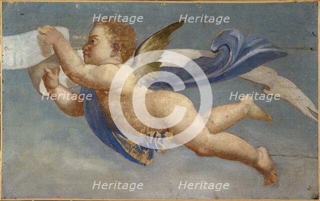 Putto holding parchment. Decorative painting, between 1801 and 1900. Creator: Unknown.