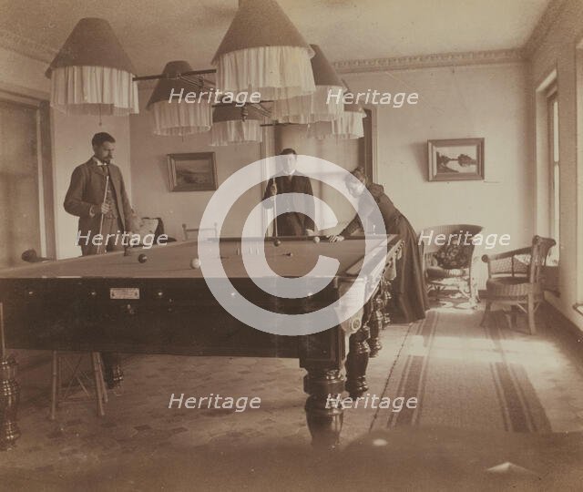 Frederick S Pray, David M Clarkson, and Sarah E Smith, posed by the billiard table..., Russia, 1899. Creator: Eleanor Lord Pray.