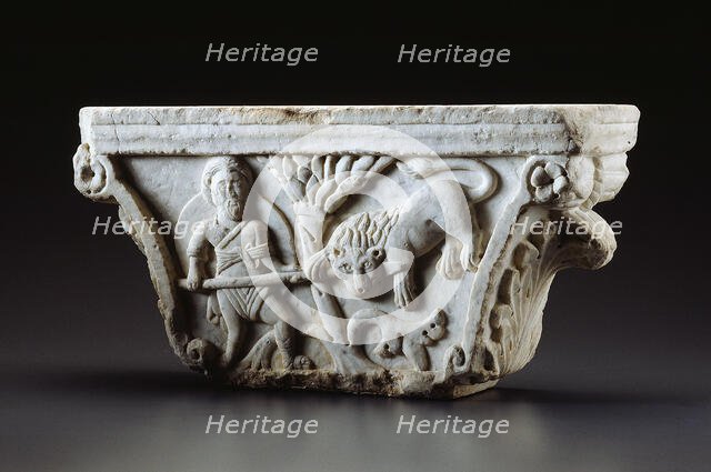Capital with Man Fighting Lion (A) and Riding Griffin (B), c. 1180. Creator: Unknown.
