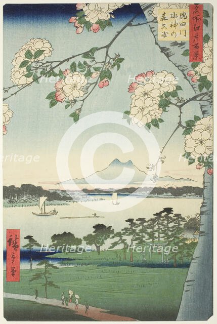 Suijin Shrine and Massaki on the Sumida River (Sumidagawa Suijin no mori Massaki), from th..., 1856. Creator: Ando Hiroshige.