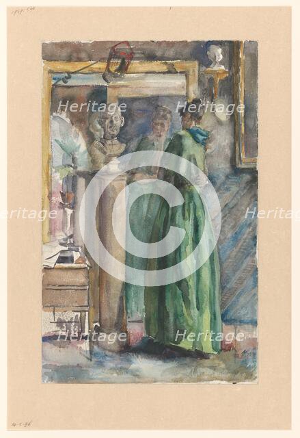 Lady in green dress standing in front of a mirror, 1874-1918. Creator: Martinus van Andringa.