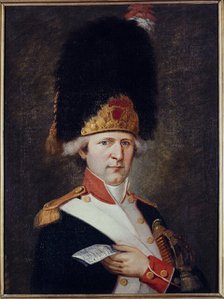 Portrait of a grenadier holding a ticket in his hand, c1791. Creator: E Lussigny.