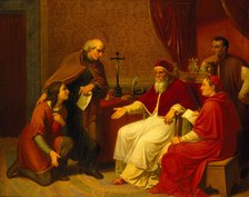 Bramante Presents Raphael to Pope Julius II, ca 1836. Creator: Riepenhausen, Johann Christian (1787-1860).