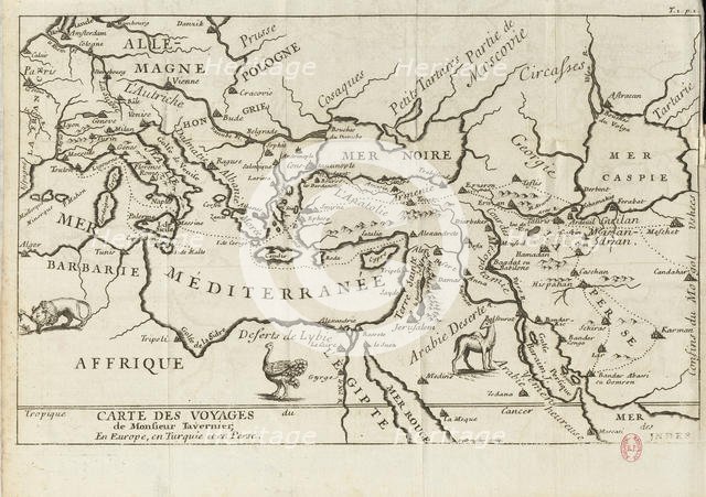 Map of Tavernier's Travels in Europe, Persia, Turkey, 17th century. Creator: Anonymous master.