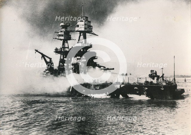 American battleship USS 'Nevada', Pearl Harbour, Hawaii, World War II, 7 December 1941. Artist: Unknown