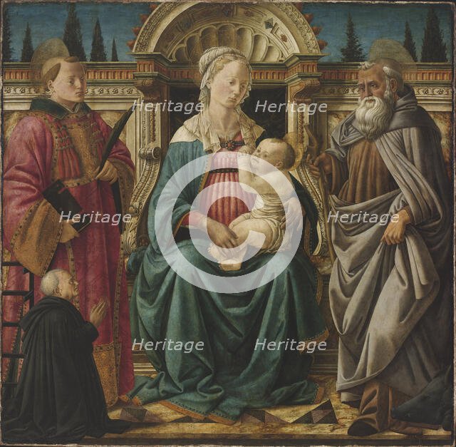 Madonna and Child Enthroned with Saint Lawrence, Saint Anthony Abbot and Canon..., c1470. Creator: Fra Diamante (c. 1430?c. 1492).