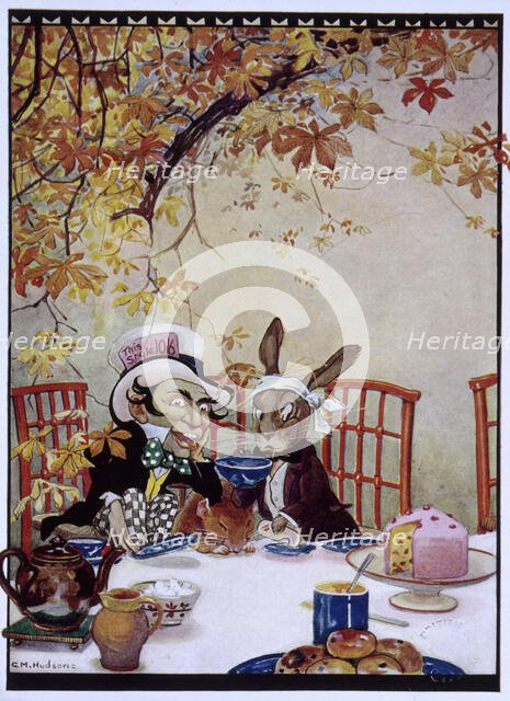 The March Hare and the Mad Hatter having tea, Alice's Adventures in Wonderland, 1922. Creator: Gwynedd M Hudson.