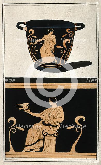 Above, a red-figured Greek wine bowl (krater); below, detail of the decoration showing a..., .1760-9 Creator: Augustin Dahlsteen.