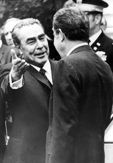Soviet leader Leonid Brezhnev and President Richard Nixon at the White House, Washington, 1973. Artist: Unknown