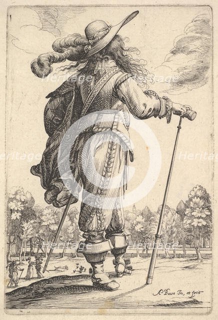 A gentleman, seen from behind, walking towards the right with a cane and wearing a plumed ..., 1629. Creator: Abraham Bosse.