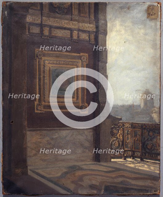 Balcony at the end of the small gallery in the Louvre in 1872. Creator: Lucien Etienne Melingue.