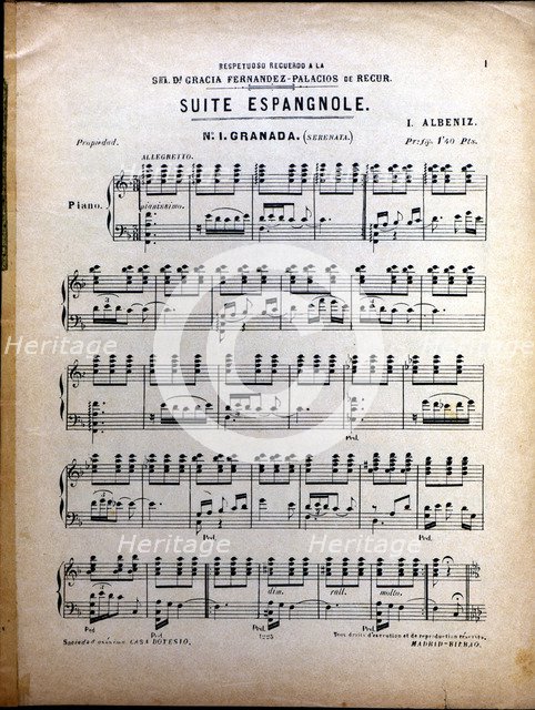 Page of the score 'Spanish Suite nº. 1 Granada' by Isaac Albéniz.