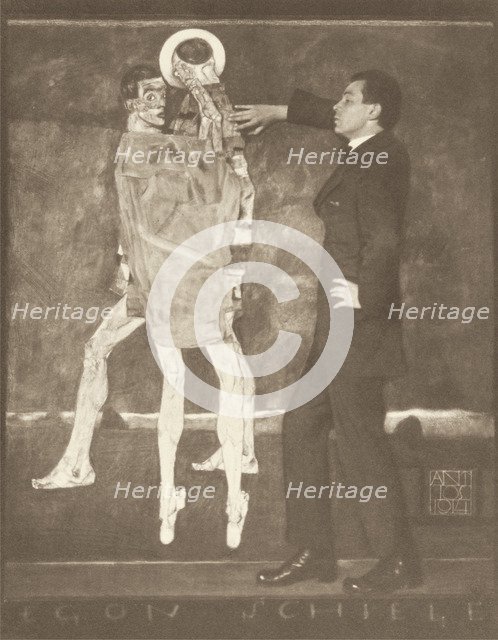 Egon Schiele by the sketch of an unfinished fresco, 1914.