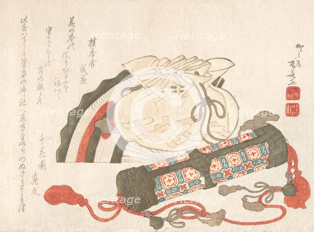 Fan, Bag and Incense-Tube, 19th century., 19th century. Creator: Shinsai.