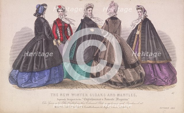 Five women wearing the latest winter fashions, 1863. Artist: Anon