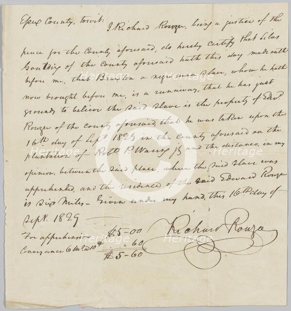Payment receipt for apprehending Braxton, property of Edward Rouzee, September 16, 1829. Creator: Unknown.