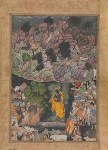 Krishna Holds Up Mount Govardhan to Shelter the Villagers of Braj, Folio from..., ca. 1590-95. Creator: Unknown.