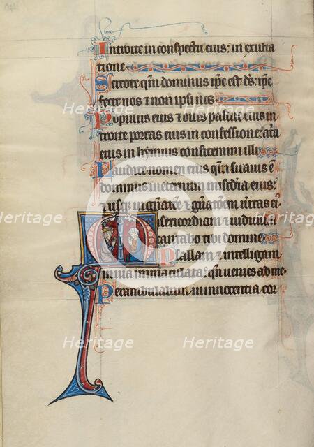 Initial M: Two Men Kneeling in Prayer, One Crowned by the Hand of God; Bute Psalter, about 1285. Creator: Bute Master.