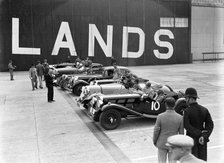 Cars on the start line at the MCC Members Meeting, Brooklands, 10 September 1938. Artist: Bill Brunell.
