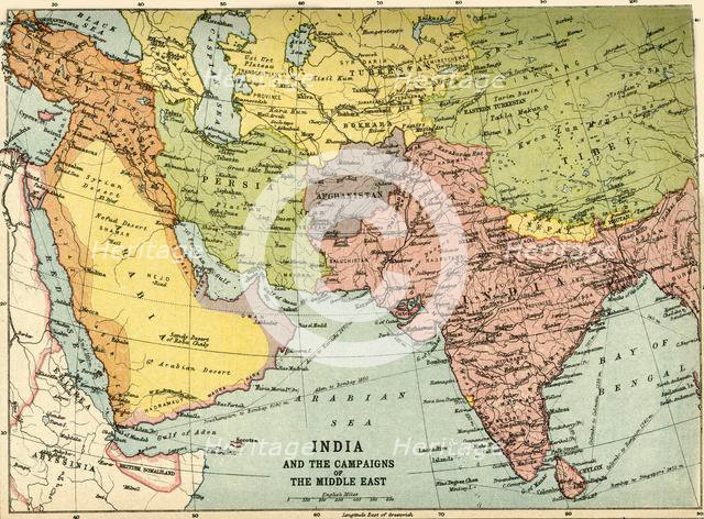 'India and the Campaigns of the Middle East', First World War, 1914-1918, (c1920). Creator: John Bartholomew & Son.