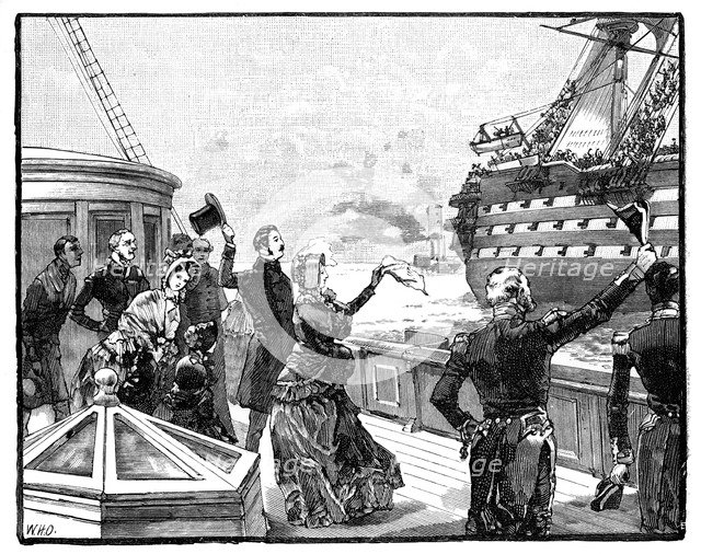 The Queen waving farewell to the 'Duke of Wellington' flagship, c1850s, (1888). Artist: Unknown